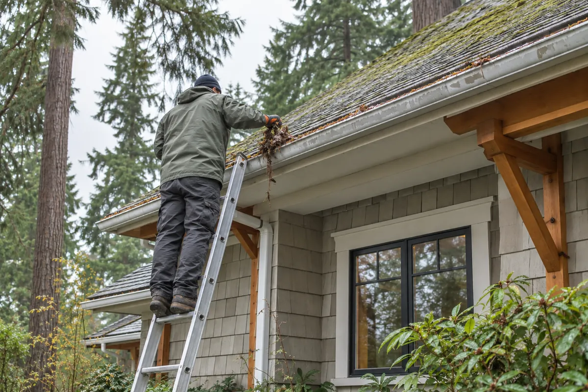 Gutter cleaning on a Pacific Northwest home under fall leaves
