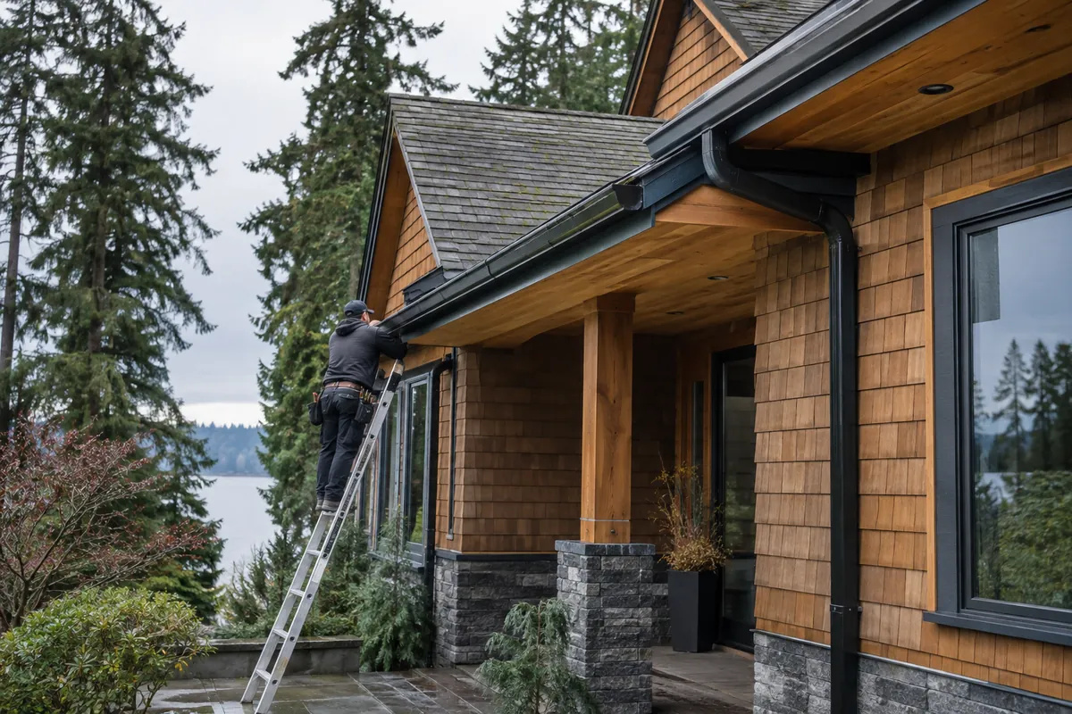 Premium dark seamless gutters on a custom home
