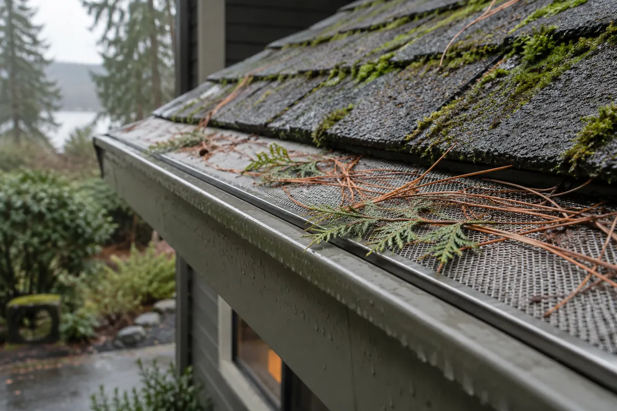 Micro-mesh gutter guard blocking conifer needles