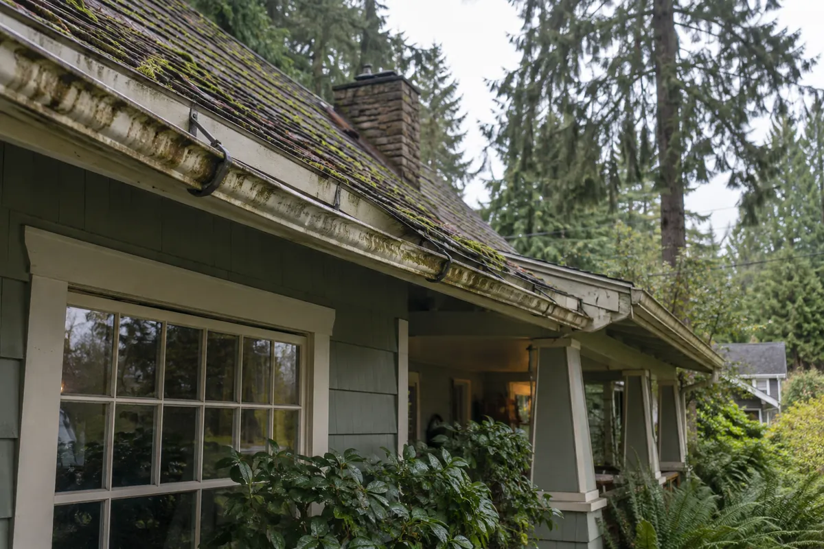 Aging roofline and gutter ready for seamless replacement